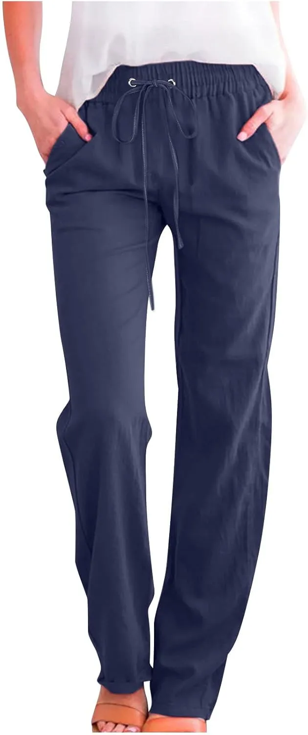 Linen Pants Women Wide Leg Summer Lounge Pants High Waisted Elastic Waist Trousers Fashion Trousers with Pockets 2025
