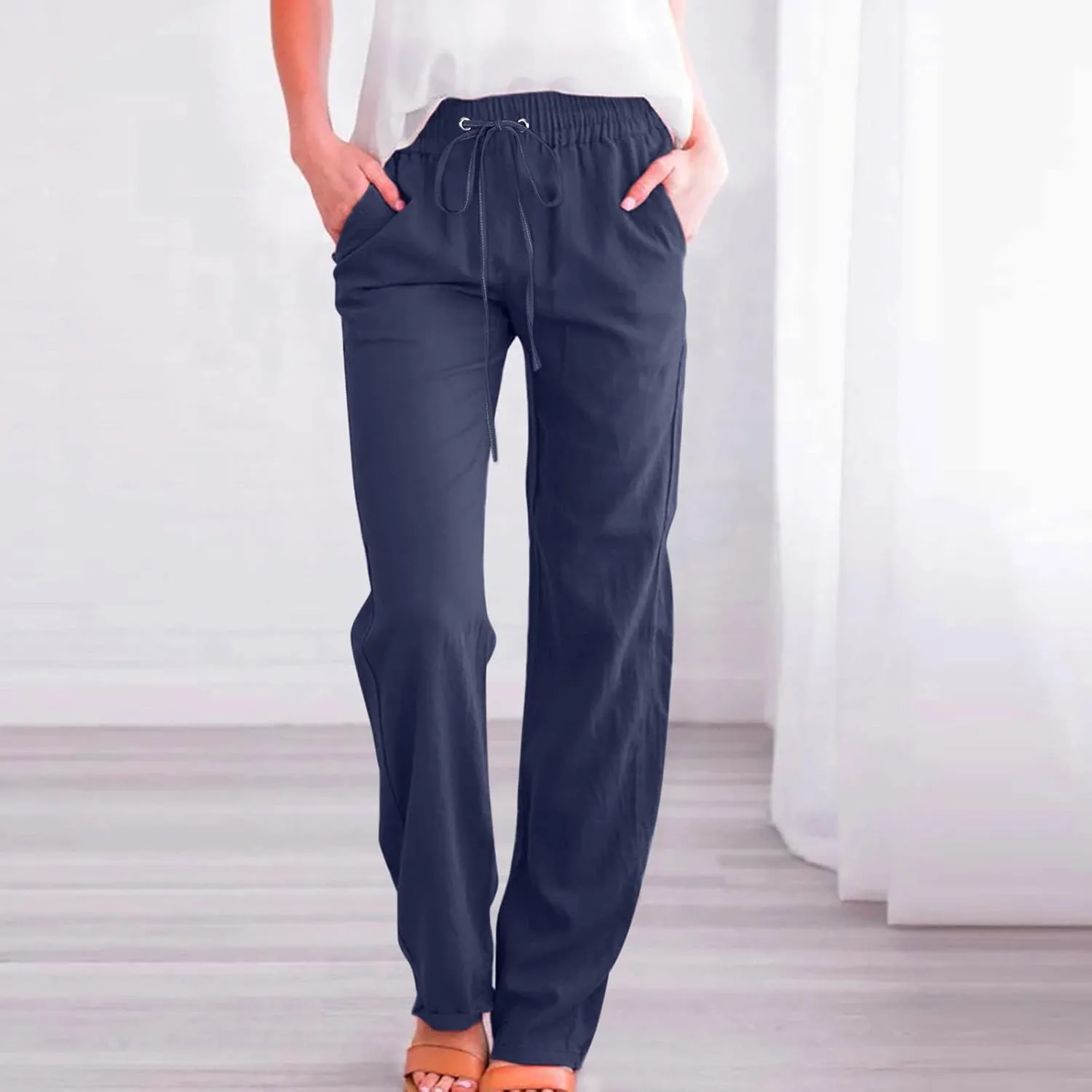 Linen Pants Women Wide Leg Summer Lounge Pants High Waisted Elastic Waist Trousers Fashion Trousers with Pockets 2025