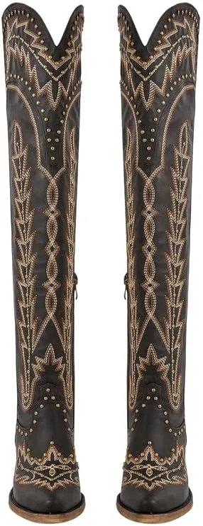 LISHAN Women's Western Cowboy Cowgirl Boots Thigh High Embroidered Block Heels Faux Leather Back Lace Up Shoes