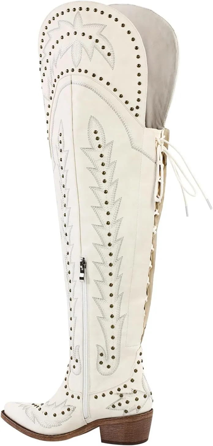LISHAN Women's Western Cowboy Cowgirl Boots Thigh High Embroidered Block Heels Faux Leather Back Lace Up Shoes