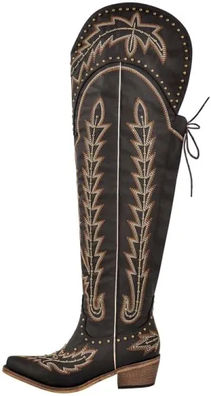 LISHAN Women's Western Cowboy Cowgirl Boots Thigh High Embroidered Block Heels Faux Leather Back Lace Up Shoes
