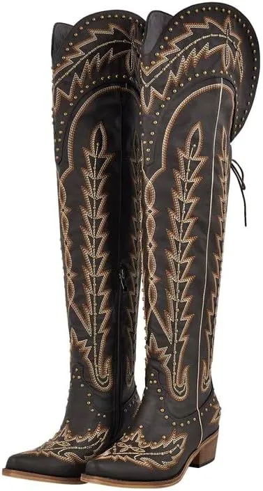 LISHAN Women's Western Cowboy Cowgirl Boots Thigh High Embroidered Block Heels Faux Leather Back Lace Up Shoes