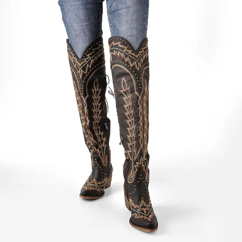 LISHAN Women's Western Cowboy Cowgirl Boots Thigh High Embroidered Block Heels Faux Leather Back Lace Up Shoes