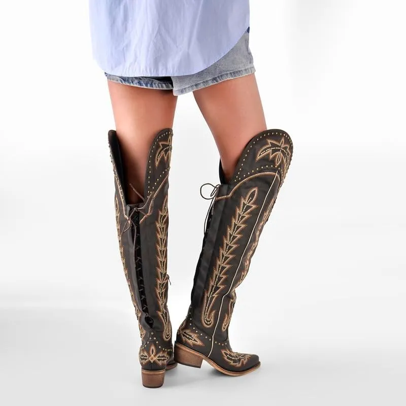 LISHAN Women's Western Cowboy Cowgirl Boots Thigh High Embroidered Block Heels Faux Leather Back Lace Up Shoes