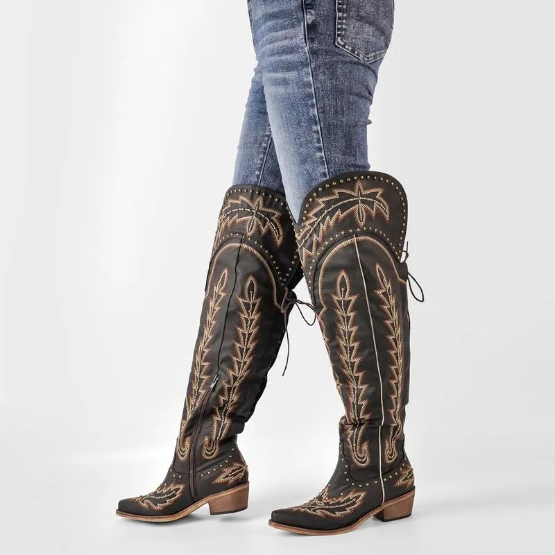 LISHAN Women's Western Cowboy Cowgirl Boots Thigh High Embroidered Block Heels Faux Leather Back Lace Up Shoes