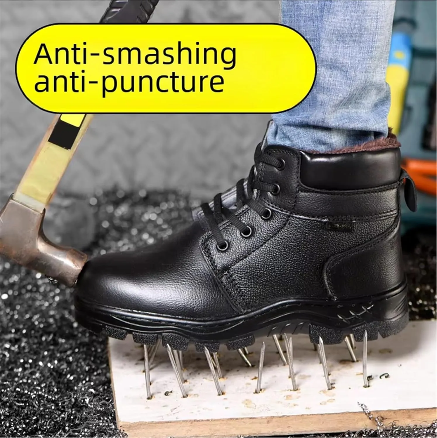 Men Lightweight Steel Toe Safety Shoes, Men's High-Top Anti-Smash and Anti-Puncture Winter Fleece-Lined Safety Work Shoes, Slip Resistant Breathable Construction Work Boots