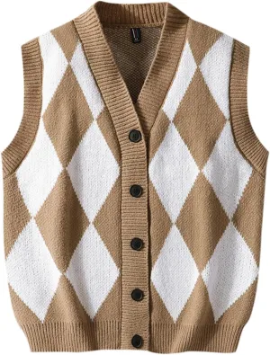 Men's Argyle Sweater Vest Button Down V Neck Sleeveless Fall Cardigan Casual Knitted Slim Fit Jumper Tops