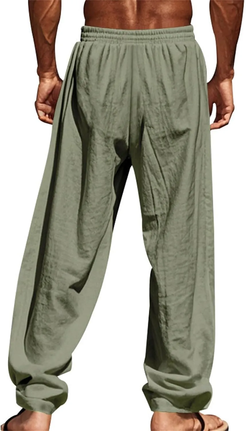Men's Casual Linen Pants Elastic Waist Drawstring Yoga Beach Boho Pant Lightweight Loose Fit Trousers with Pockets