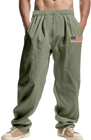 Men's Casual Linen Pants Elastic Waist Drawstring Yoga Beach Boho Pant Lightweight Loose Fit Trousers with Pockets