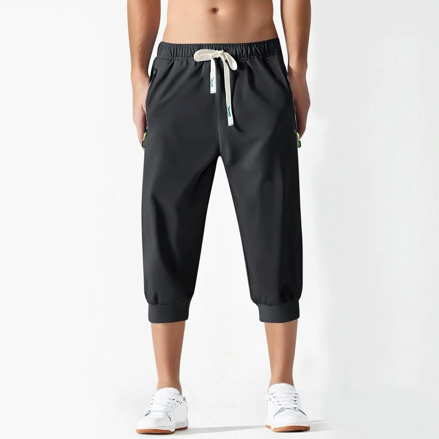 Mens Causal Shorts Slim Fit Elastic Waist Stretch Athletic Summer Shorts Lightweight Drawstring Workout Hiking Capri Pants