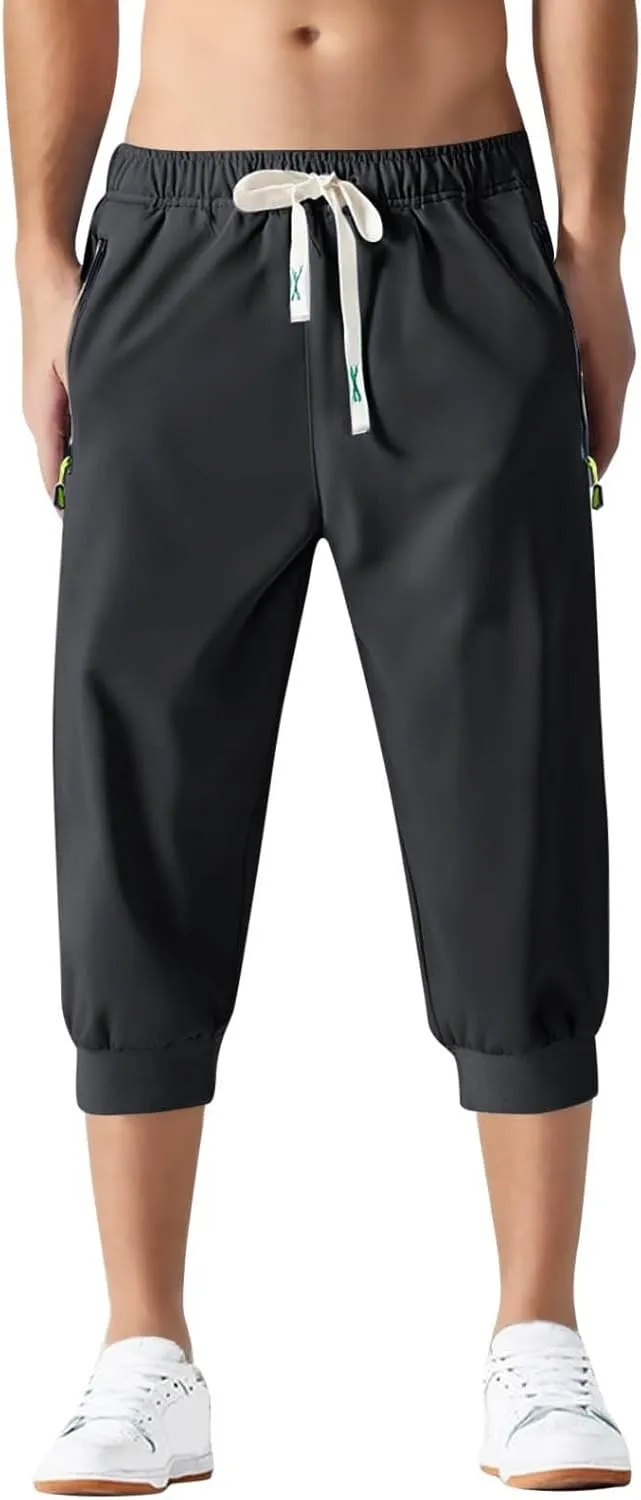 Mens Causal Shorts Slim Fit Elastic Waist Stretch Athletic Summer Shorts Lightweight Drawstring Workout Hiking Capri Pants