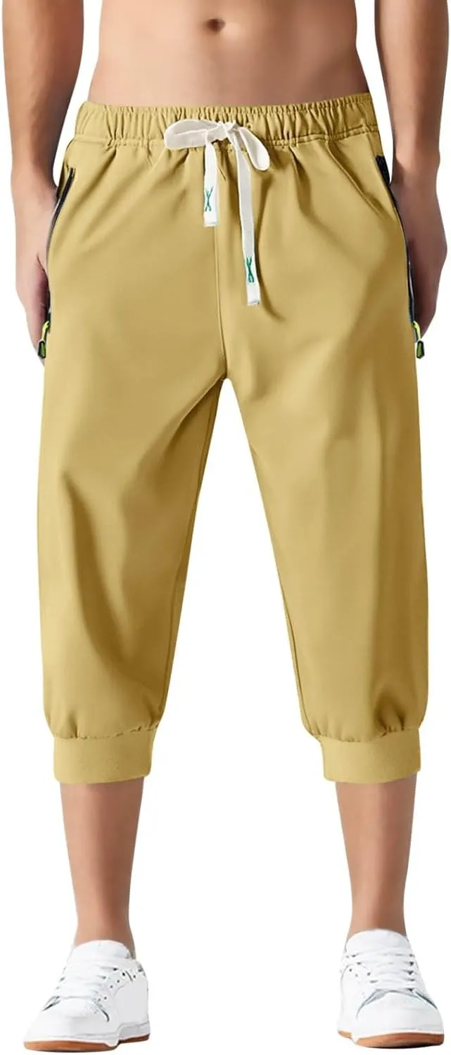Mens Causal Shorts Slim Fit Elastic Waist Stretch Athletic Summer Shorts Lightweight Drawstring Workout Hiking Capri Pants