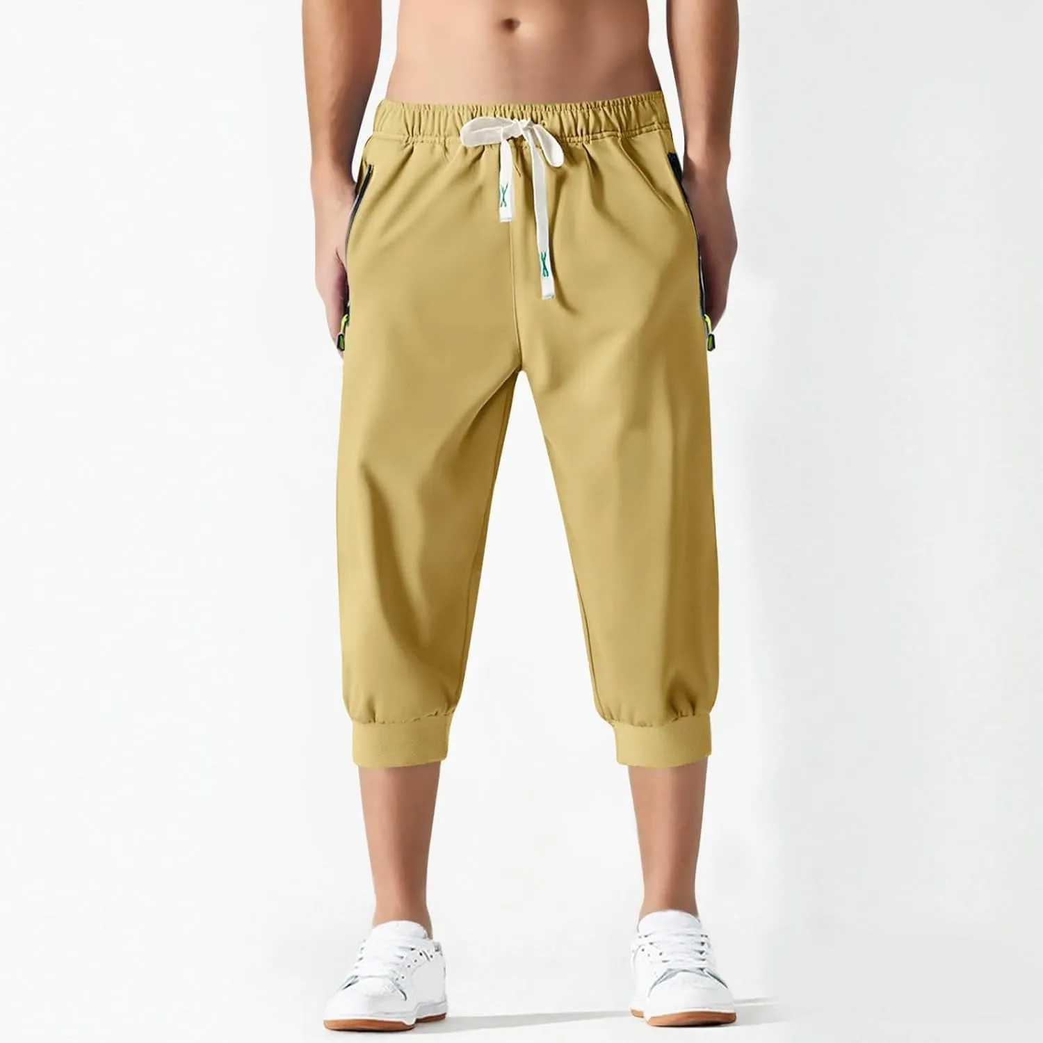Mens Causal Shorts Slim Fit Elastic Waist Stretch Athletic Summer Shorts Lightweight Drawstring Workout Hiking Capri Pants
