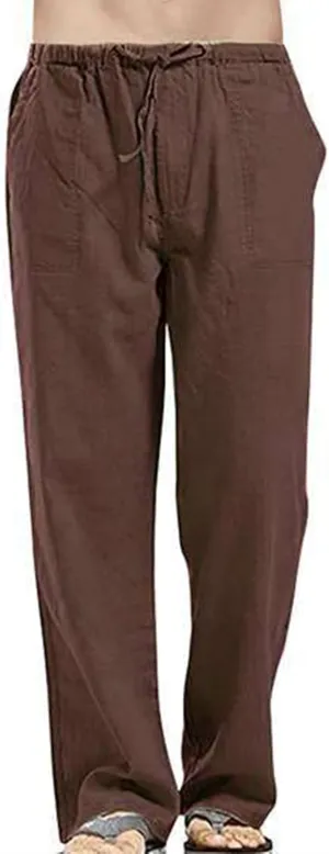Men's Cotton Linen Breathable Cropped Sweatpants Lightweight Yoga Pants Chino Trousers with Elastic Waist and Drawstrings