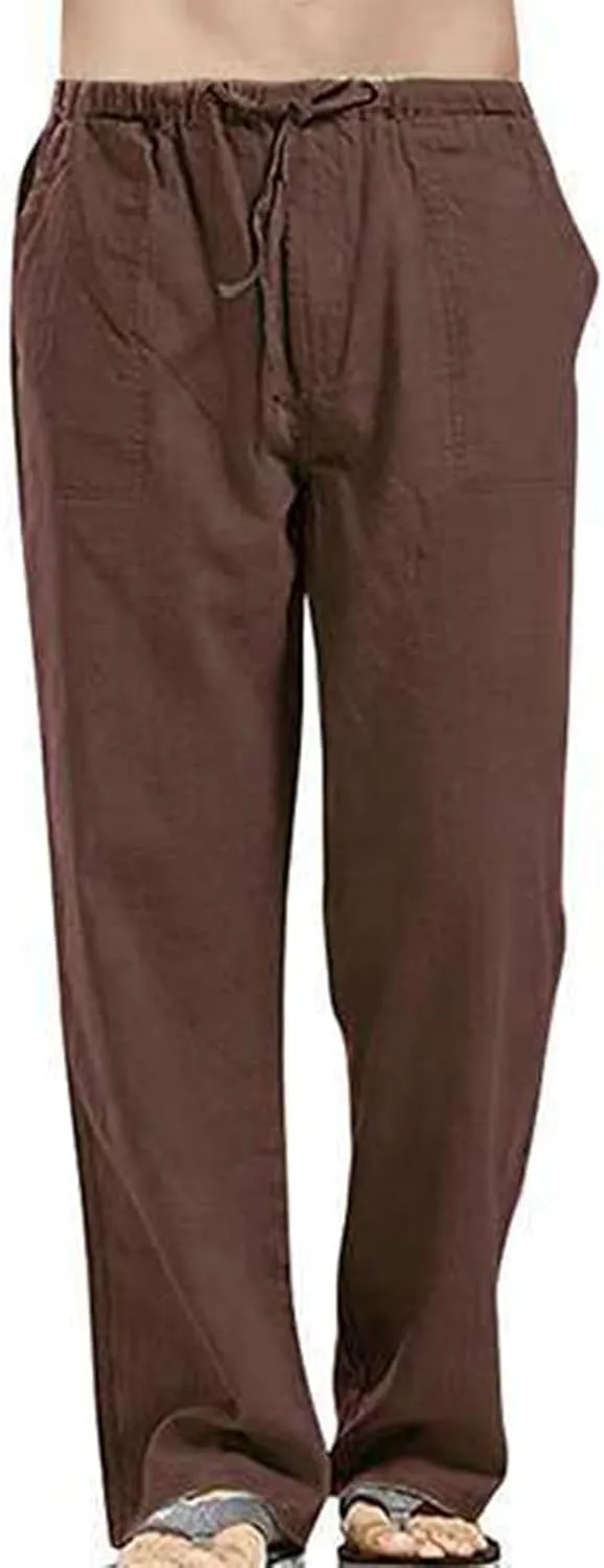 Men's Cotton Linen Breathable Cropped Sweatpants Lightweight Yoga Pants Chino Trousers with Elastic Waist and Drawstrings