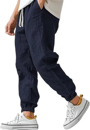 Men's Cotton Linen Pants Loose Fit Cargo Pants for Men Drawstring Summer Yoga Pant Lounge Trousers with Pockets