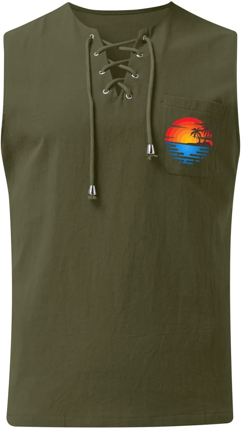 Men's Cotton Linen Tank Top Shirts Casual Sleeveless Lace Up Beach Hippie Tops Palm Tree Renaissance Pirate Tunic