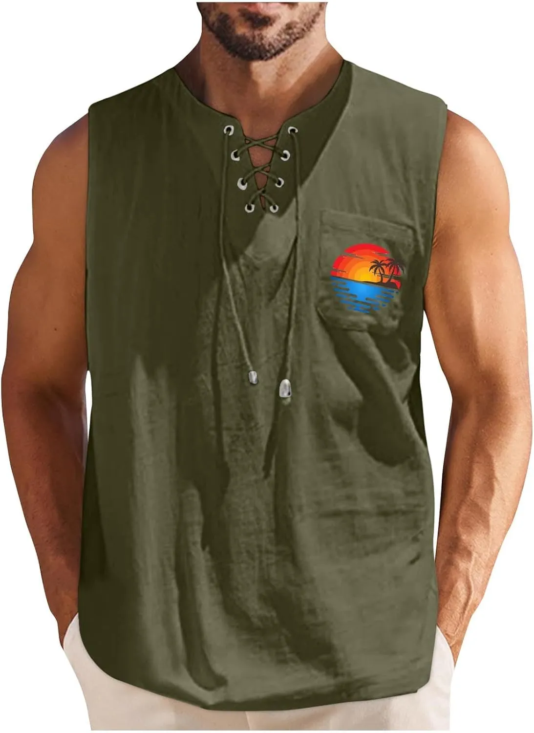 Men's Cotton Linen Tank Top Shirts Casual Sleeveless Lace Up Beach Hippie Tops Palm Tree Renaissance Pirate Tunic