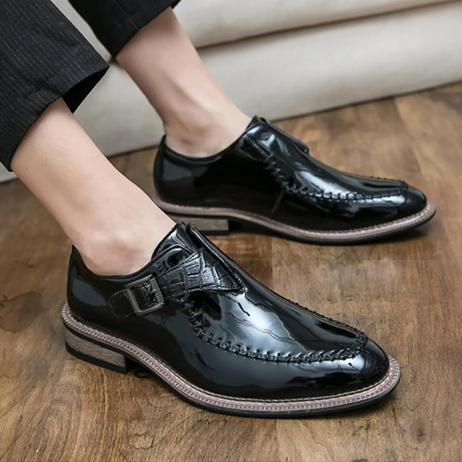 Men's Dress Shoes Single Monk Strap Comfort Non-Slip Leather Walking Shoes Business Wedding Party Dress Shoes Slip-On Loafer
