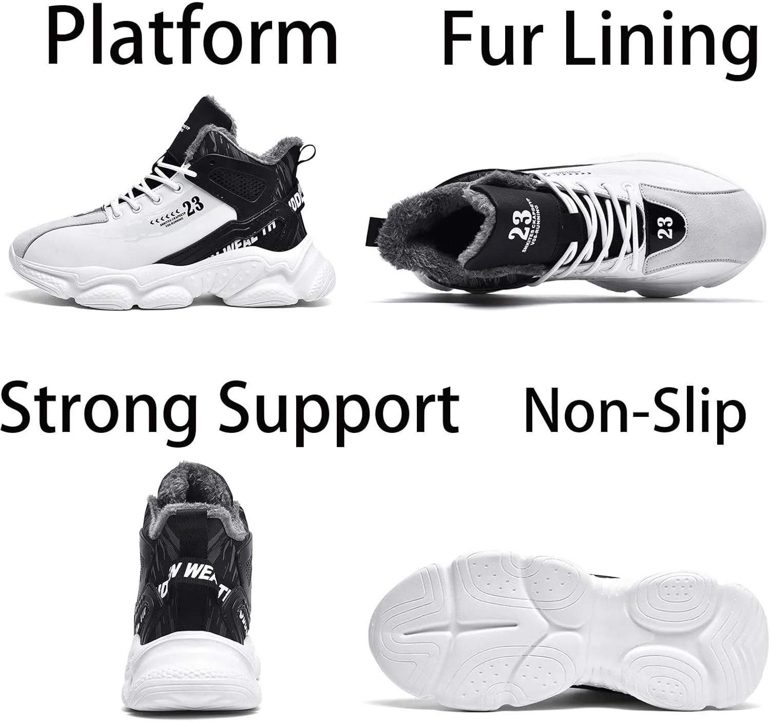 Mens Fashion Lace-Up Leather Fur Lining Platform Sneakers Mid Top Round Toe Non-Slip Chunky Casual Sport Shoes for Walking Workout Driving
