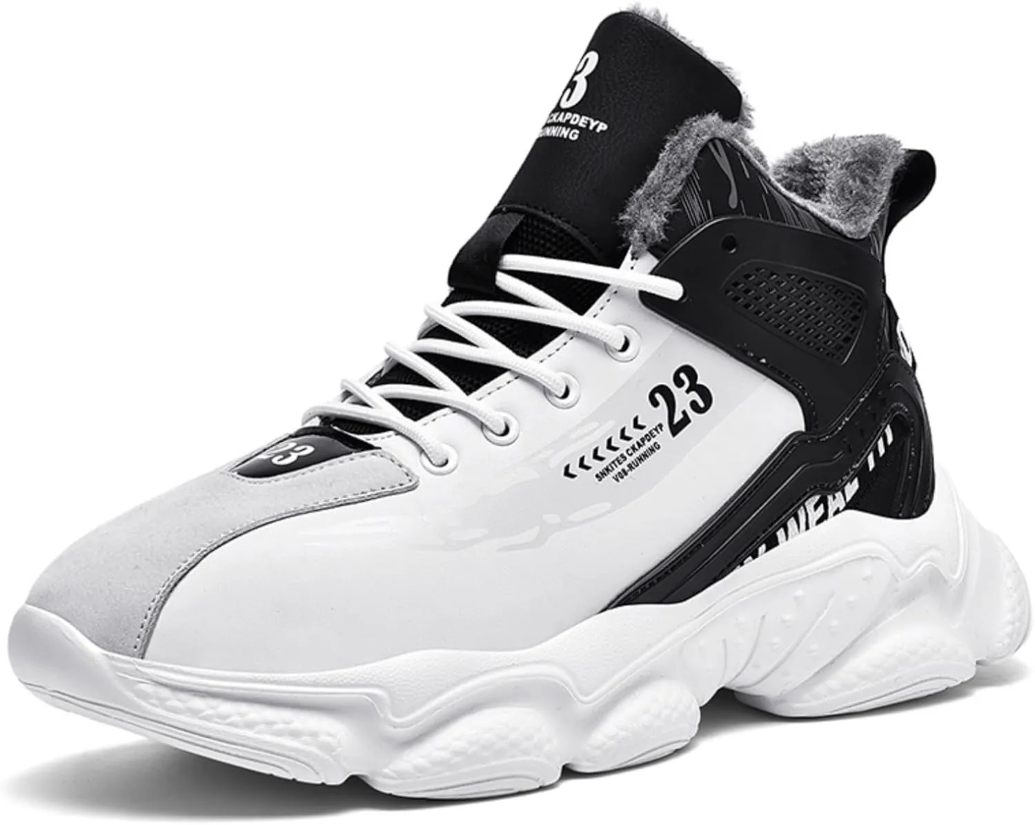 Mens Fashion Lace-Up Leather Fur Lining Platform Sneakers Mid Top Round Toe Non-Slip Chunky Casual Sport Shoes for Walking Workout Driving