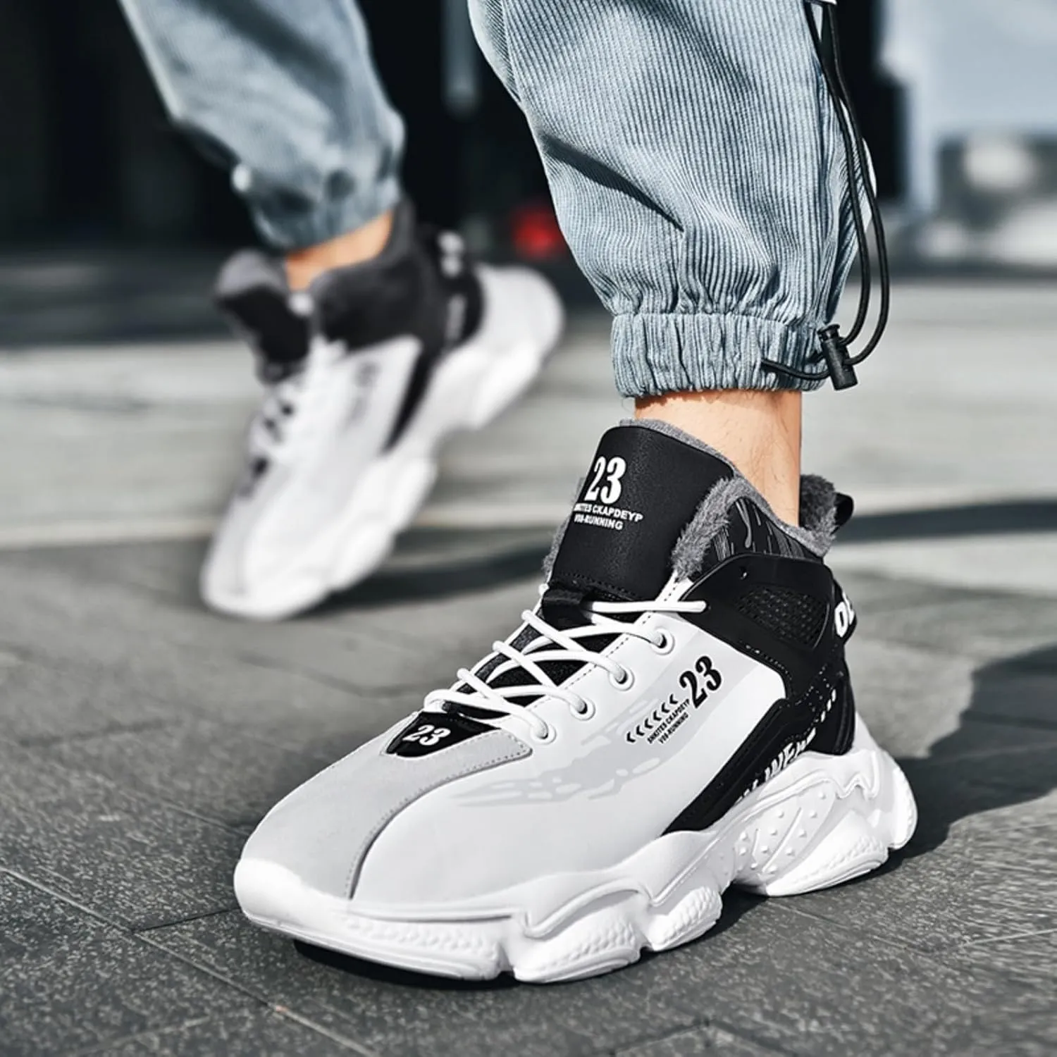 Mens Fashion Lace-Up Leather Fur Lining Platform Sneakers Mid Top Round Toe Non-Slip Chunky Casual Sport Shoes for Walking Workout Driving