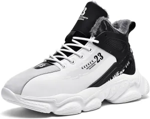 Mens Fashion Lace-Up Leather Fur Lining Platform Sneakers Mid Top Round Toe Non-Slip Chunky Casual Sport Shoes for Walking Workout Driving