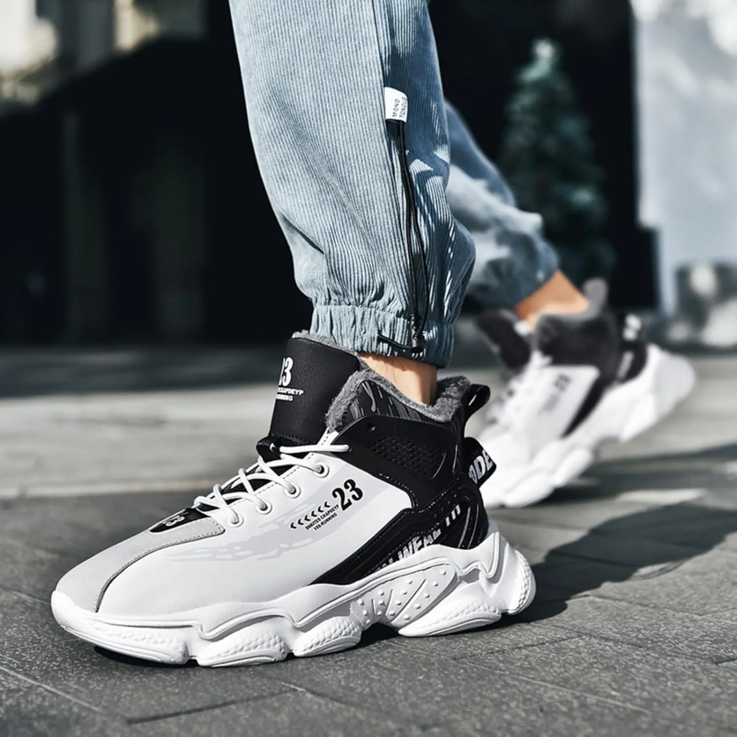 Mens Fashion Lace-Up Leather Fur Lining Platform Sneakers Mid Top Round Toe Non-Slip Chunky Casual Sport Shoes for Walking Workout Driving