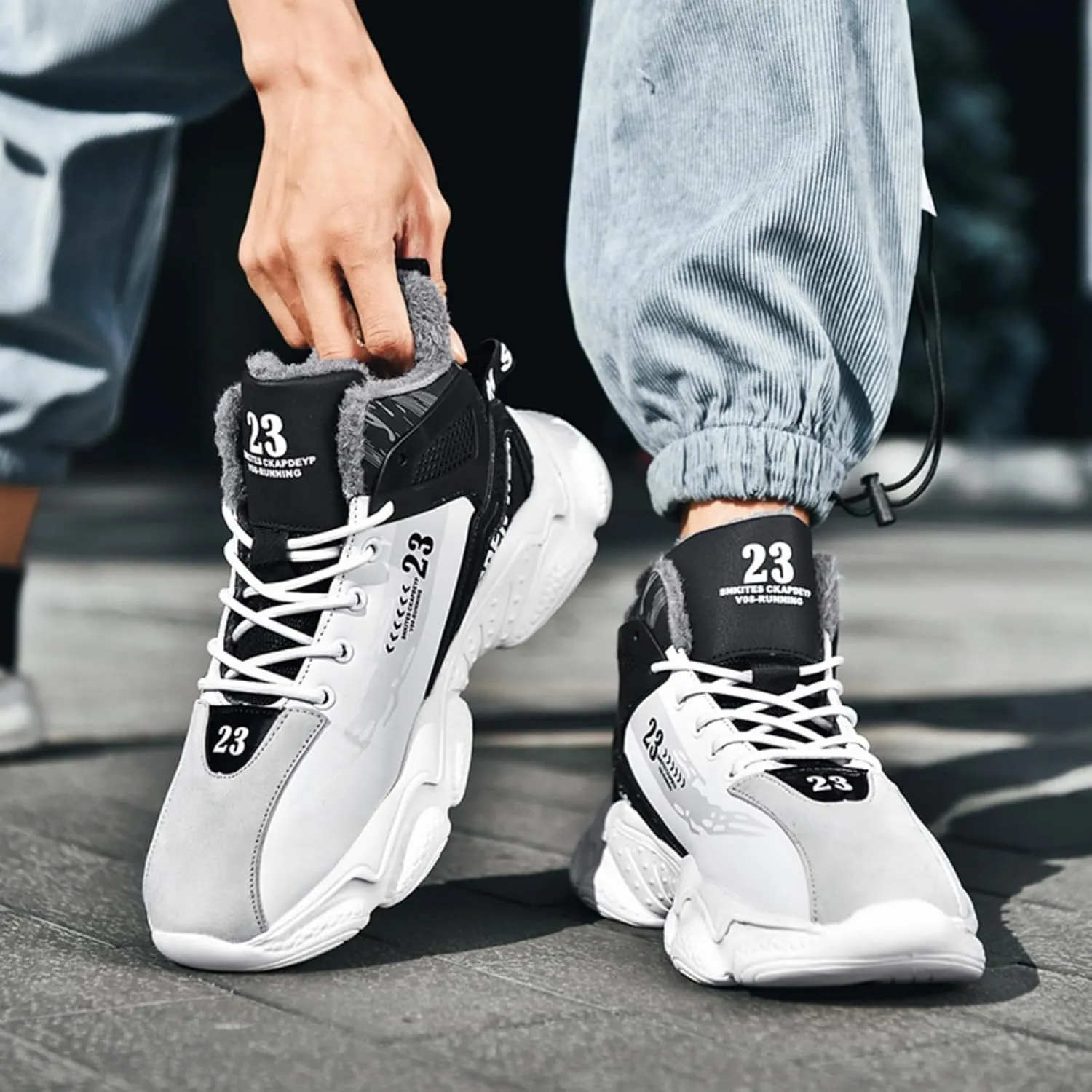 Mens Fashion Lace-Up Leather Fur Lining Platform Sneakers Mid Top Round Toe Non-Slip Chunky Casual Sport Shoes for Walking Workout Driving