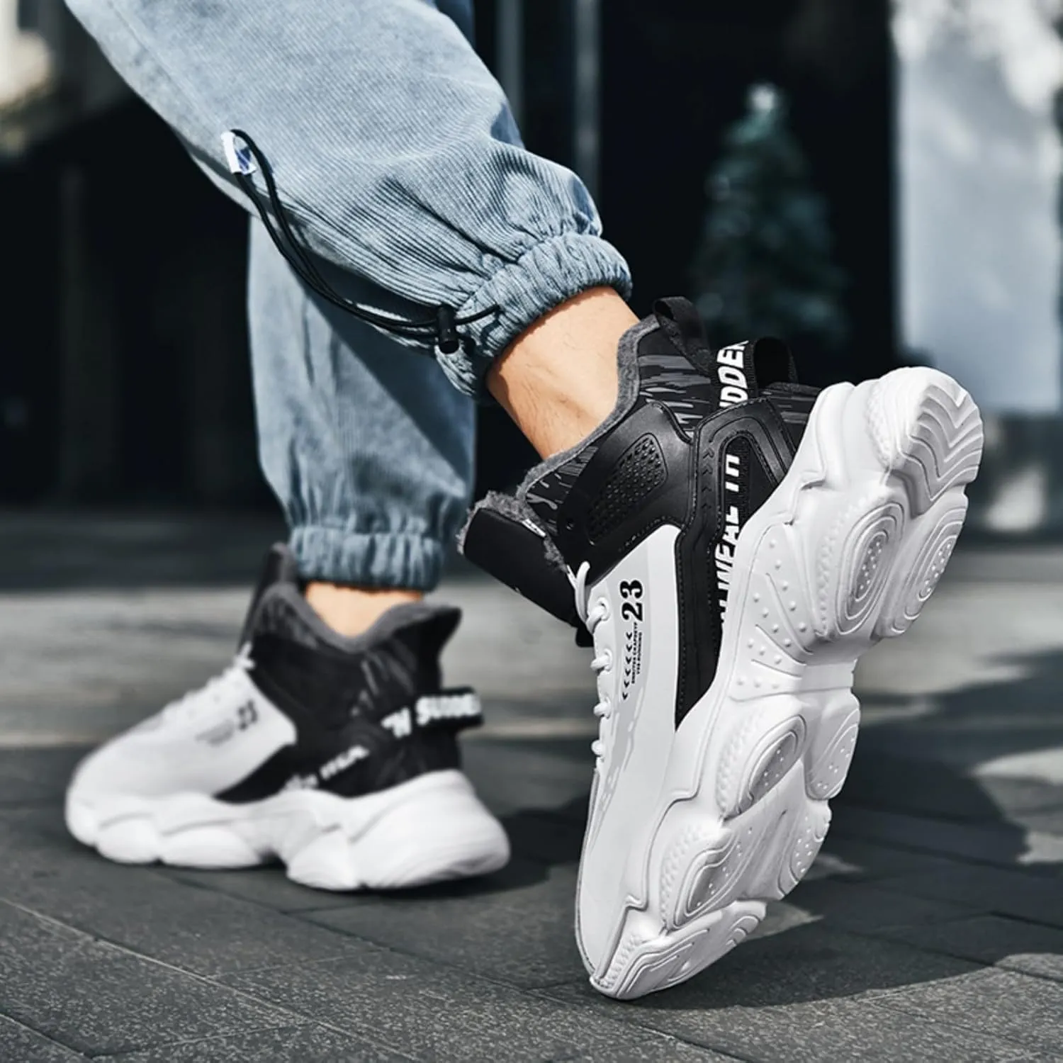 Mens Fashion Lace-Up Leather Fur Lining Platform Sneakers Mid Top Round Toe Non-Slip Chunky Casual Sport Shoes for Walking Workout Driving