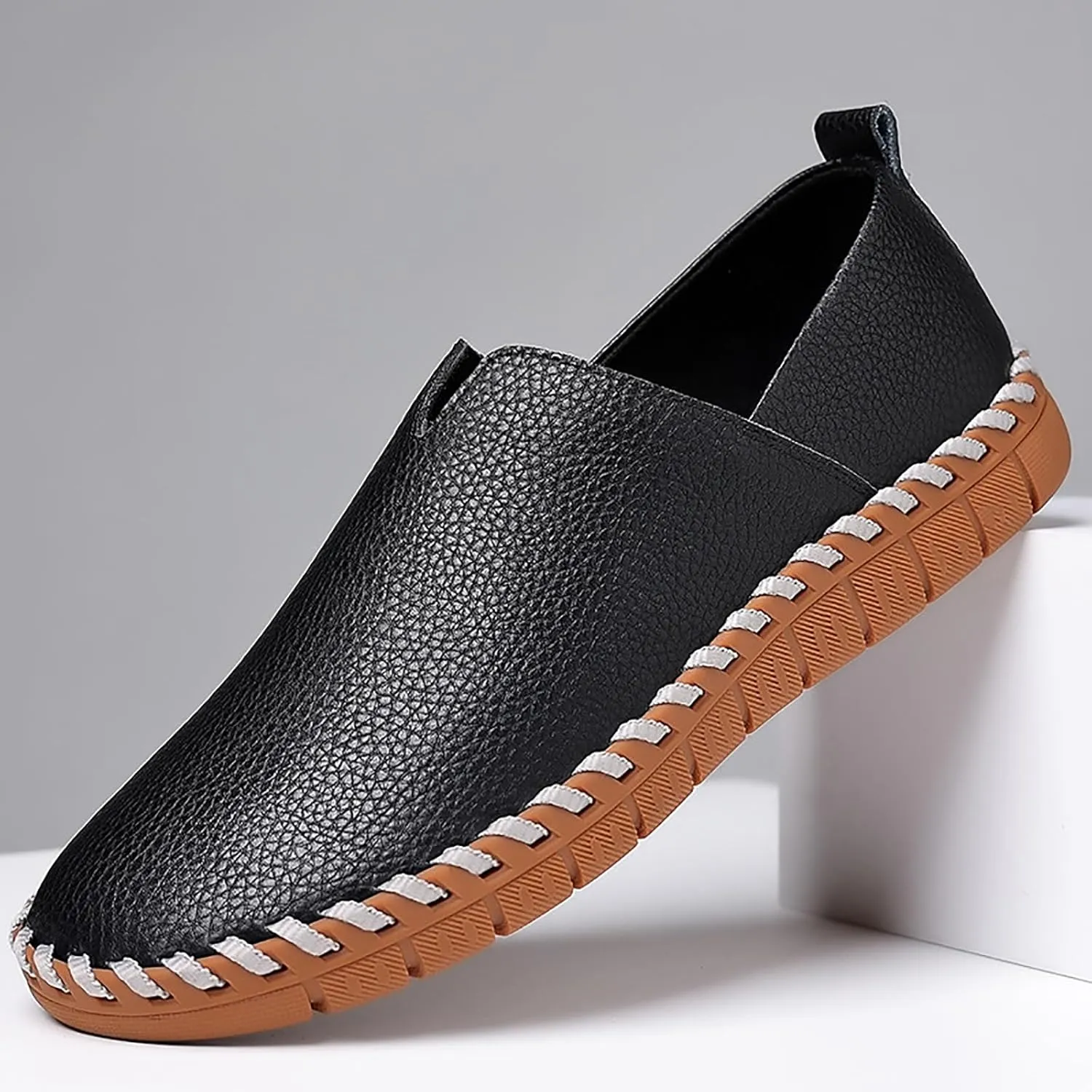 Men's Leather Hand Stitching Slip On Loafers,Fashion Casual Shoes Lightweight Soft Walking Driving Dress Shoe