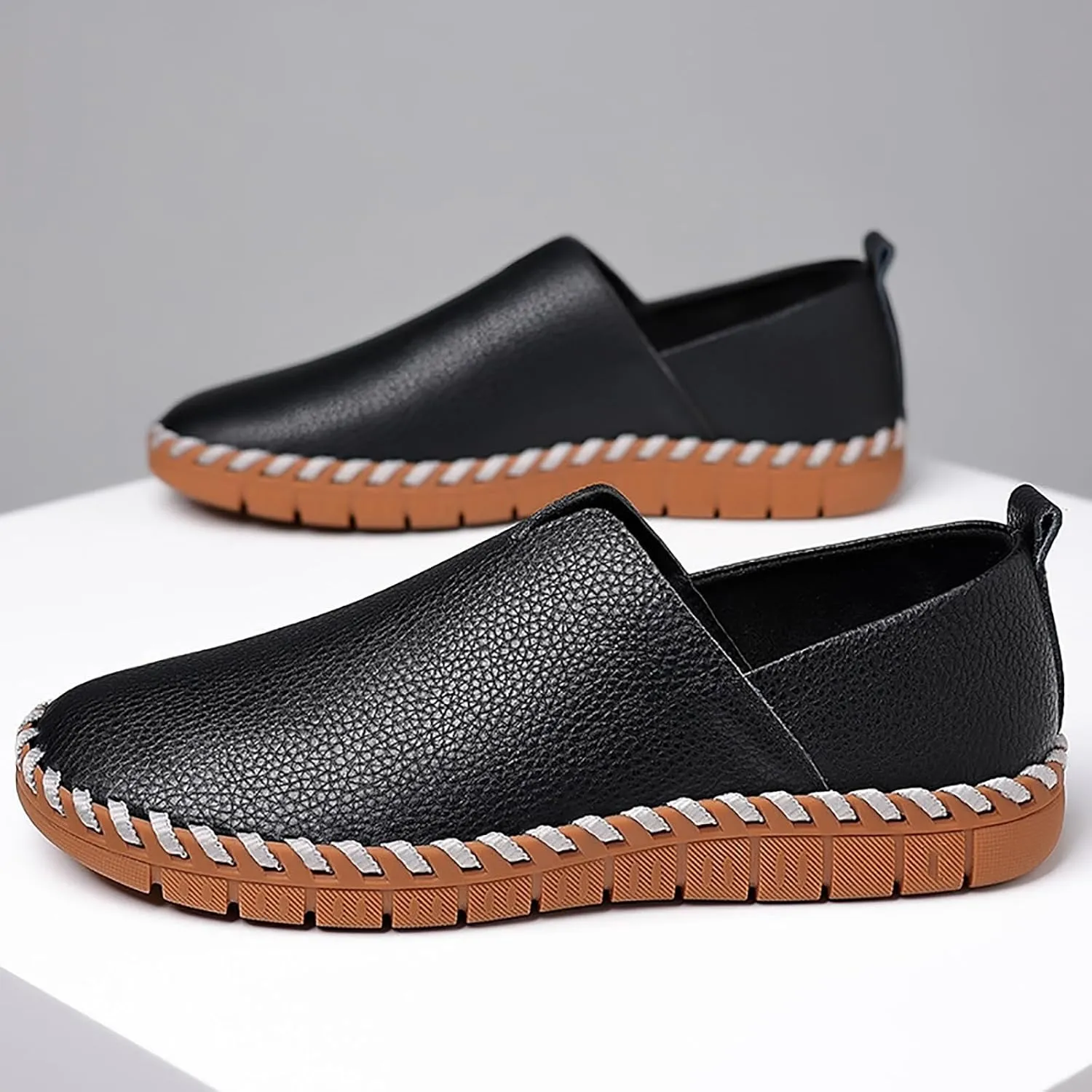 Men's Leather Hand Stitching Slip On Loafers,Fashion Casual Shoes Lightweight Soft Walking Driving Dress Shoe