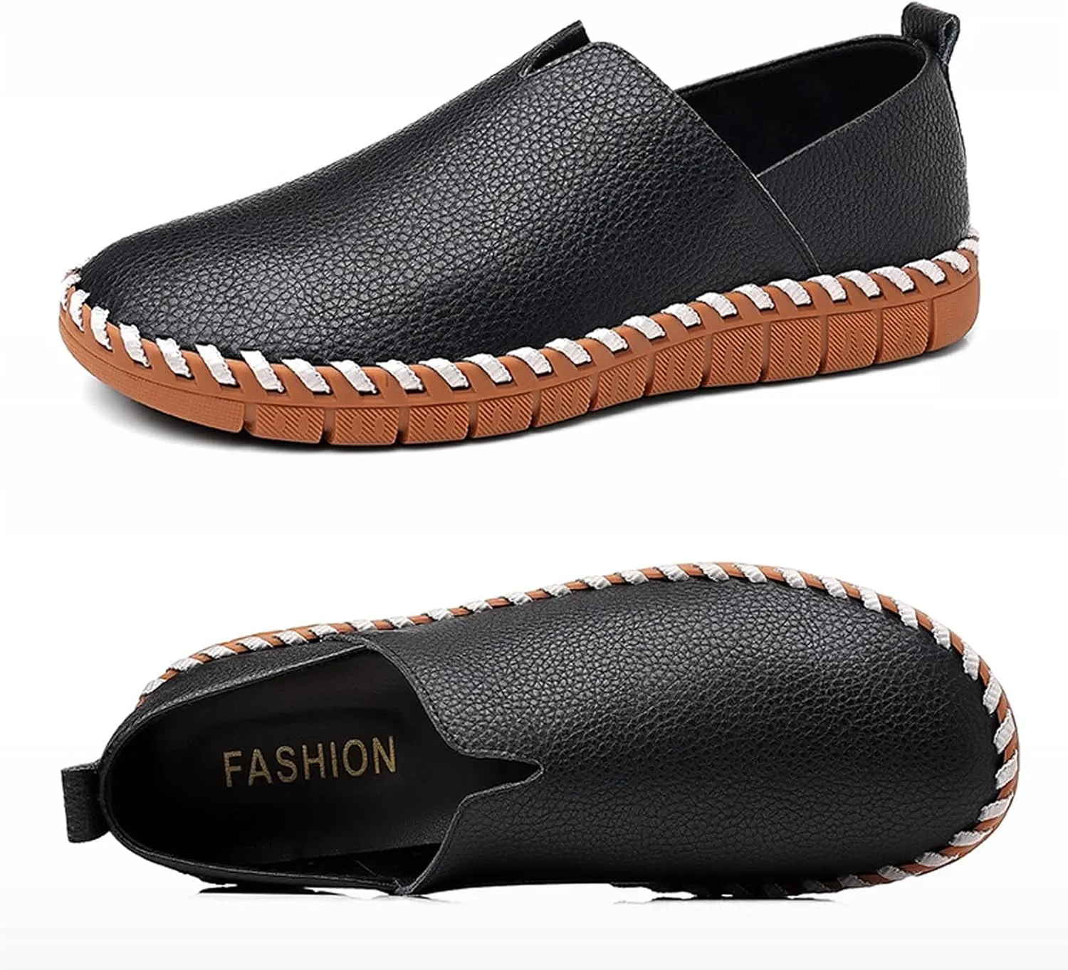 Men's Leather Hand Stitching Slip On Loafers,Fashion Casual Shoes Lightweight Soft Walking Driving Dress Shoe
