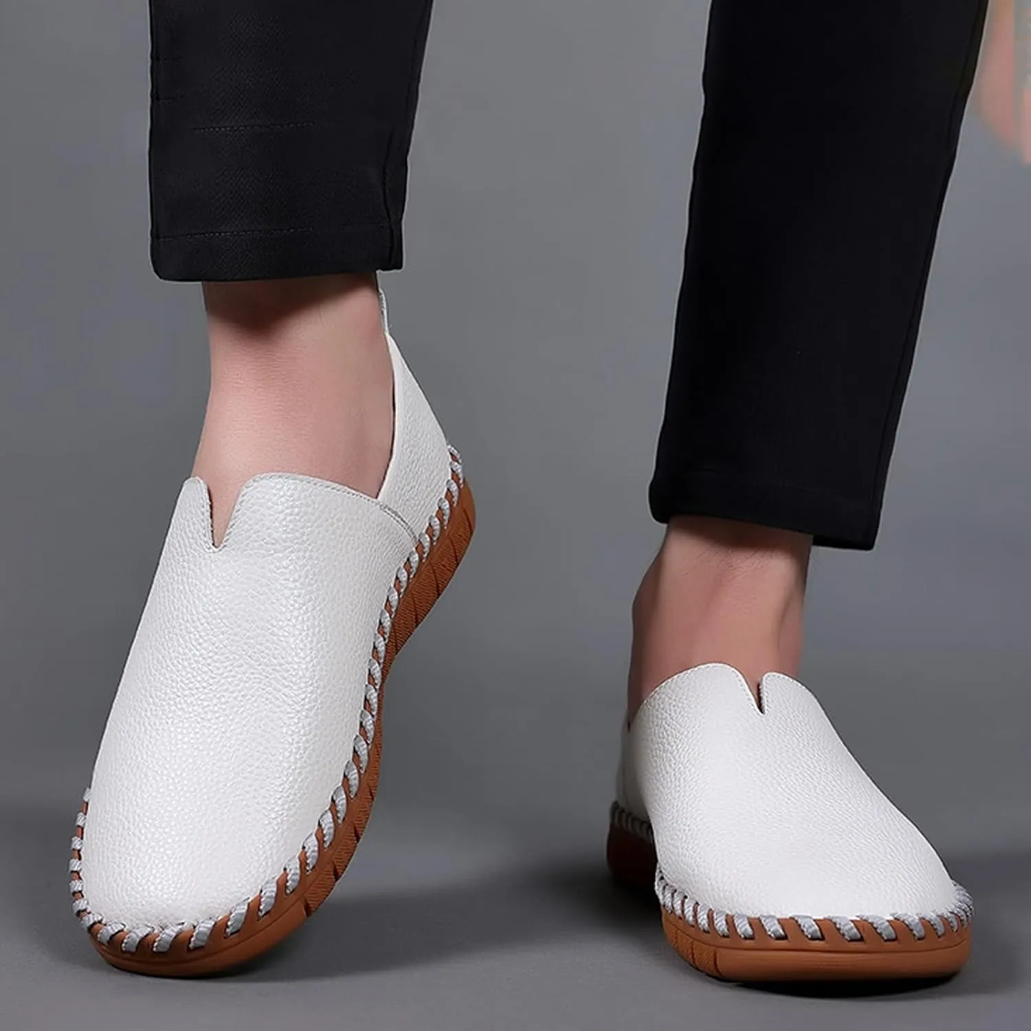 Men's Leather Hand Stitching Slip On Loafers,Fashion Casual Shoes Lightweight Soft Walking Driving Dress Shoe