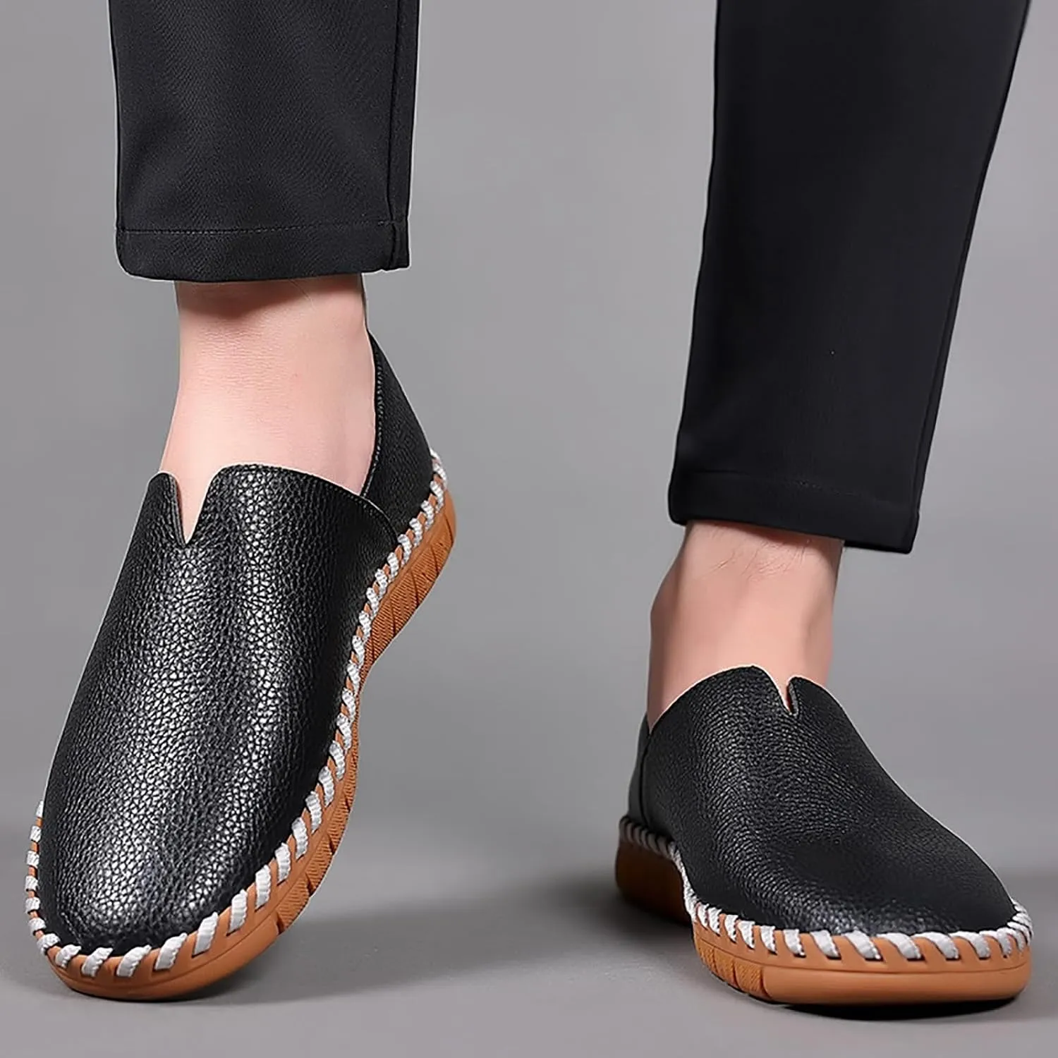 Men's Leather Hand Stitching Slip On Loafers,Fashion Casual Shoes Lightweight Soft Walking Driving Dress Shoe