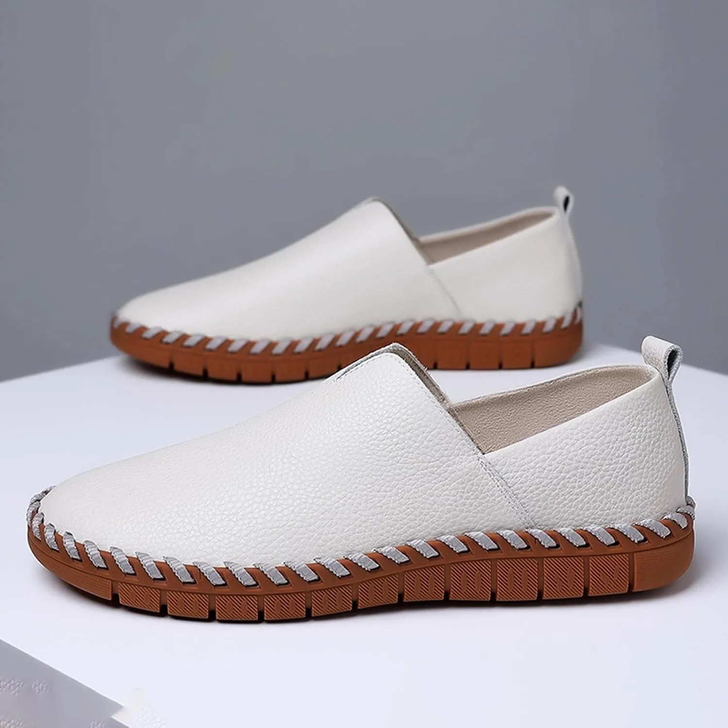 Men's Leather Hand Stitching Slip On Loafers,Fashion Casual Shoes Lightweight Soft Walking Driving Dress Shoe