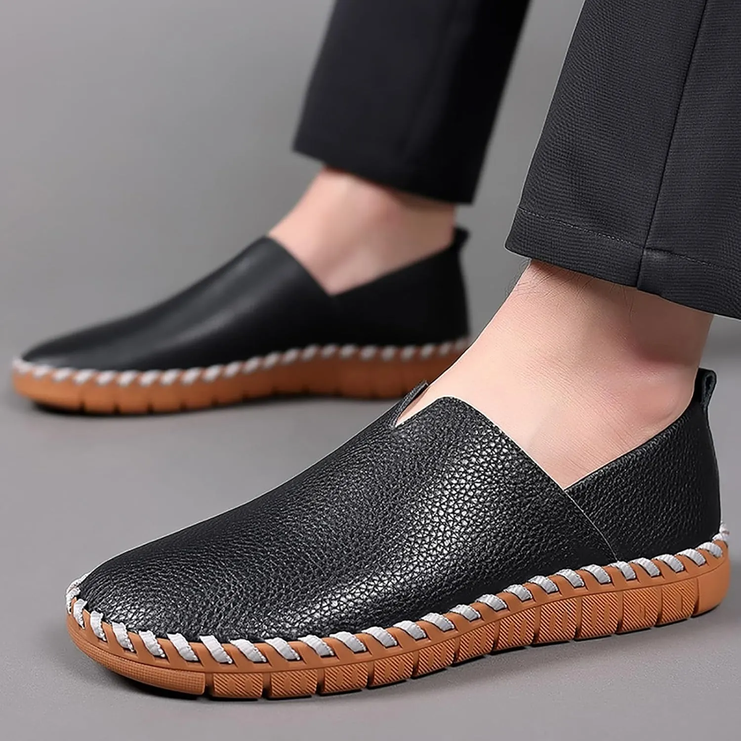 Men's Leather Hand Stitching Slip On Loafers,Fashion Casual Shoes Lightweight Soft Walking Driving Dress Shoe