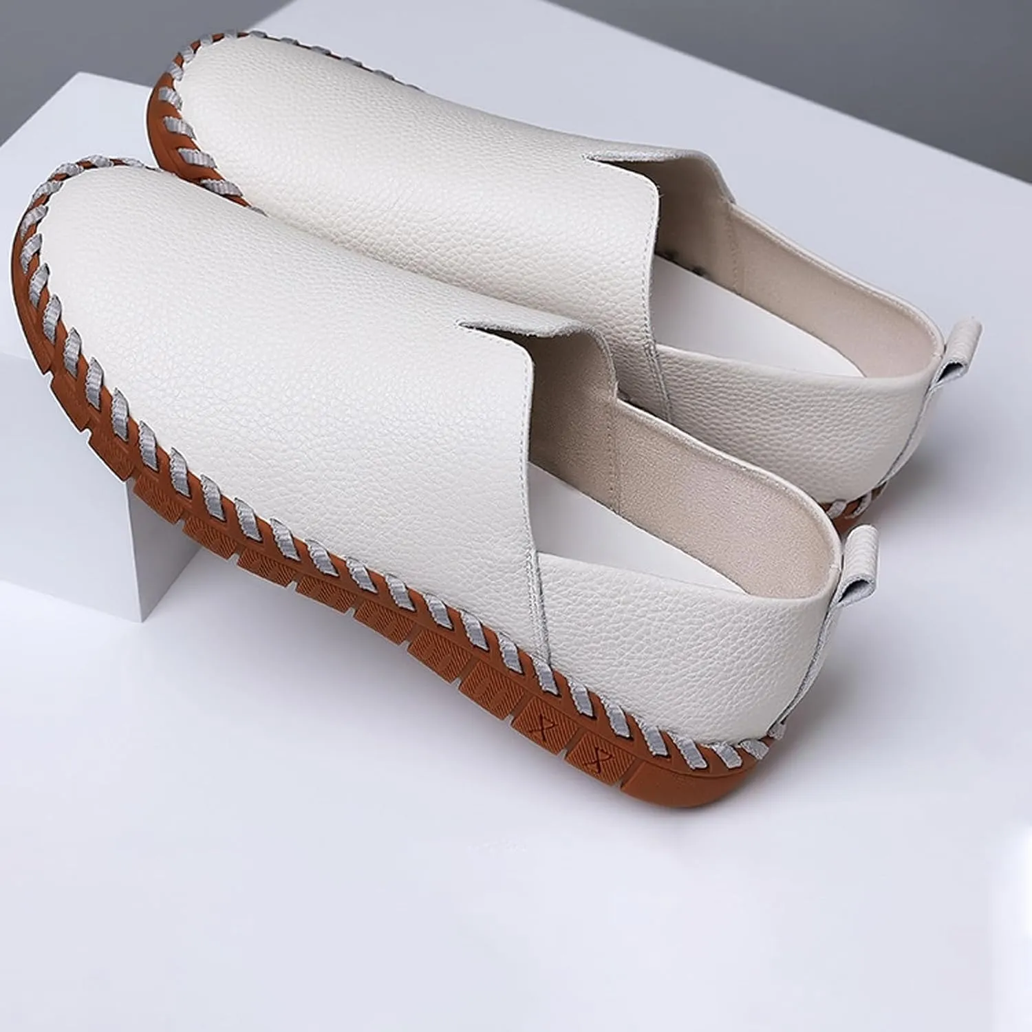 Men's Leather Hand Stitching Slip On Loafers,Fashion Casual Shoes Lightweight Soft Walking Driving Dress Shoe