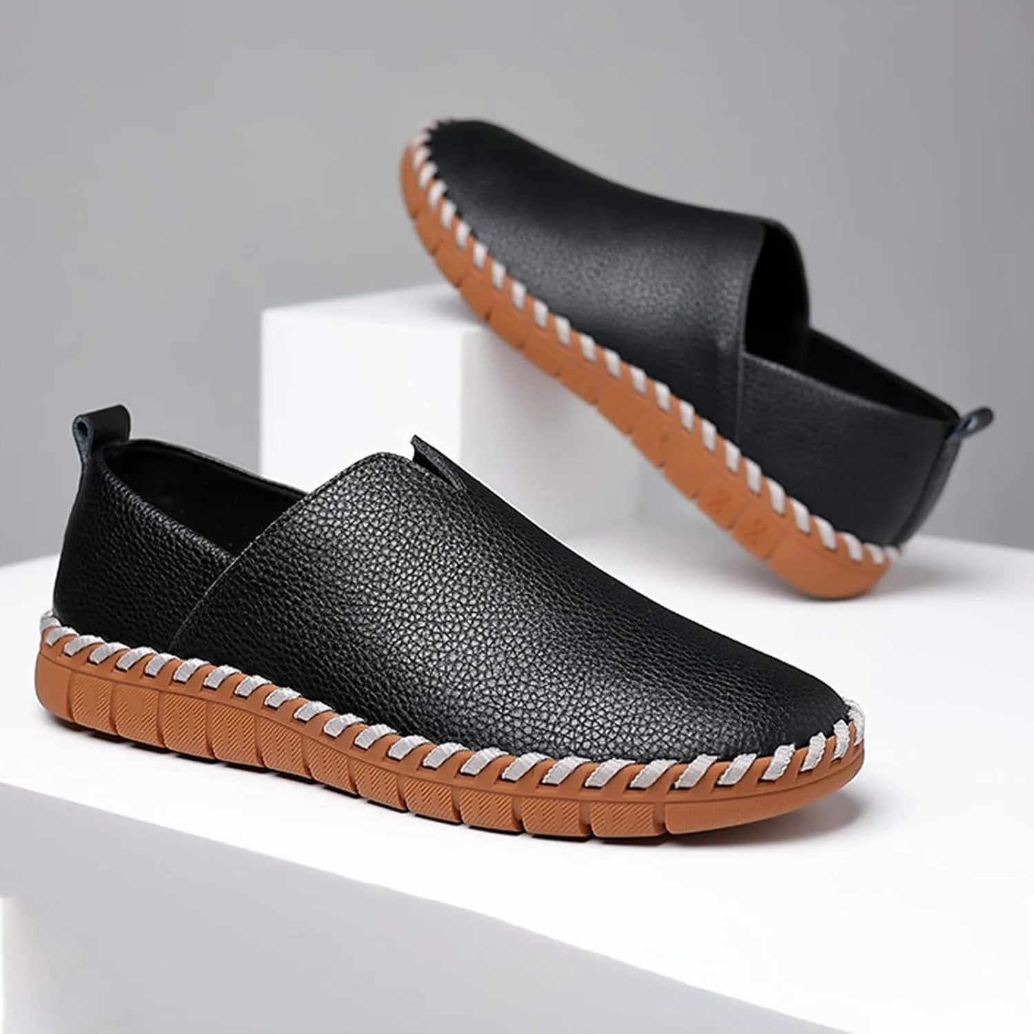 Men's Leather Hand Stitching Slip On Loafers,Fashion Casual Shoes Lightweight Soft Walking Driving Dress Shoe