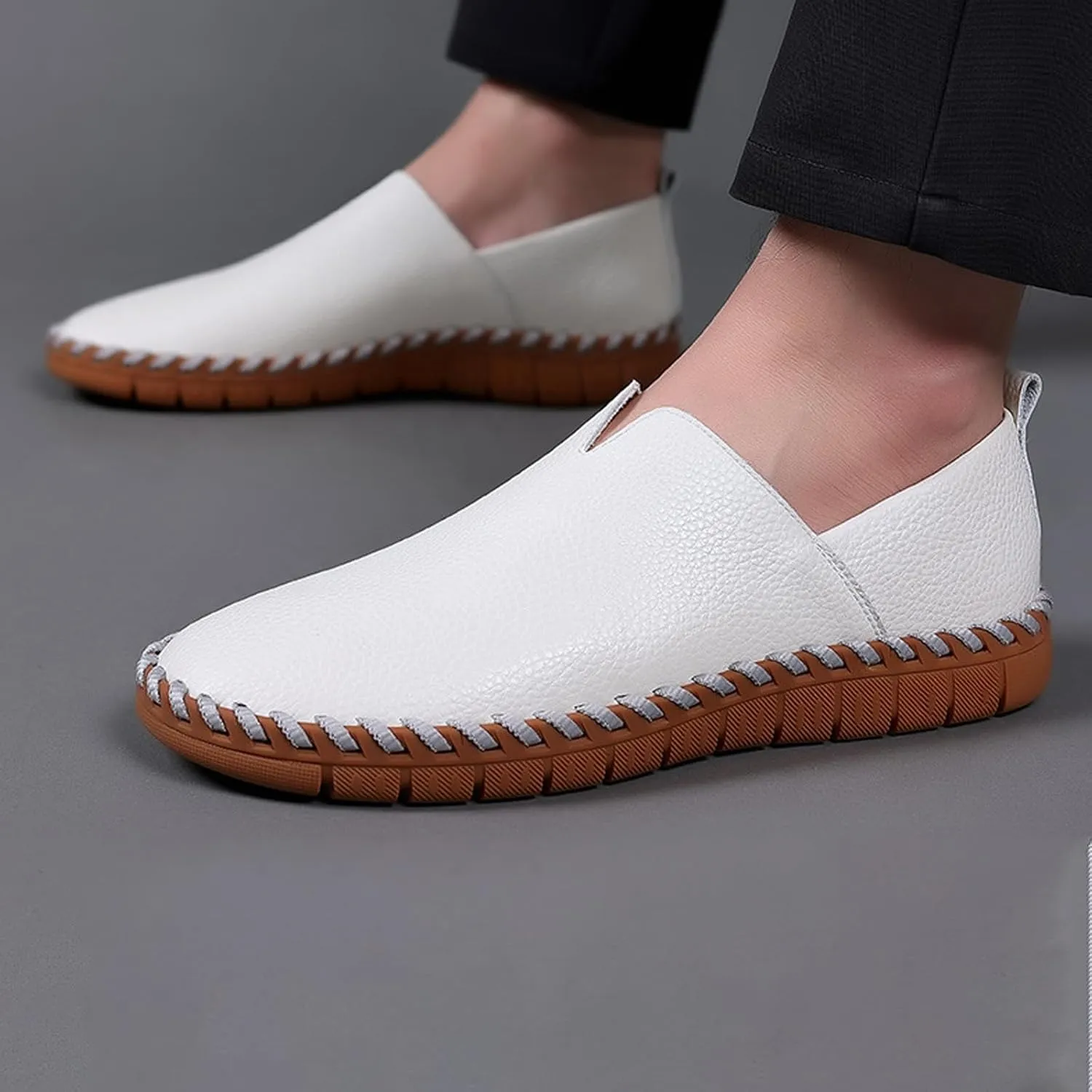 Men's Leather Hand Stitching Slip On Loafers,Fashion Casual Shoes Lightweight Soft Walking Driving Dress Shoe