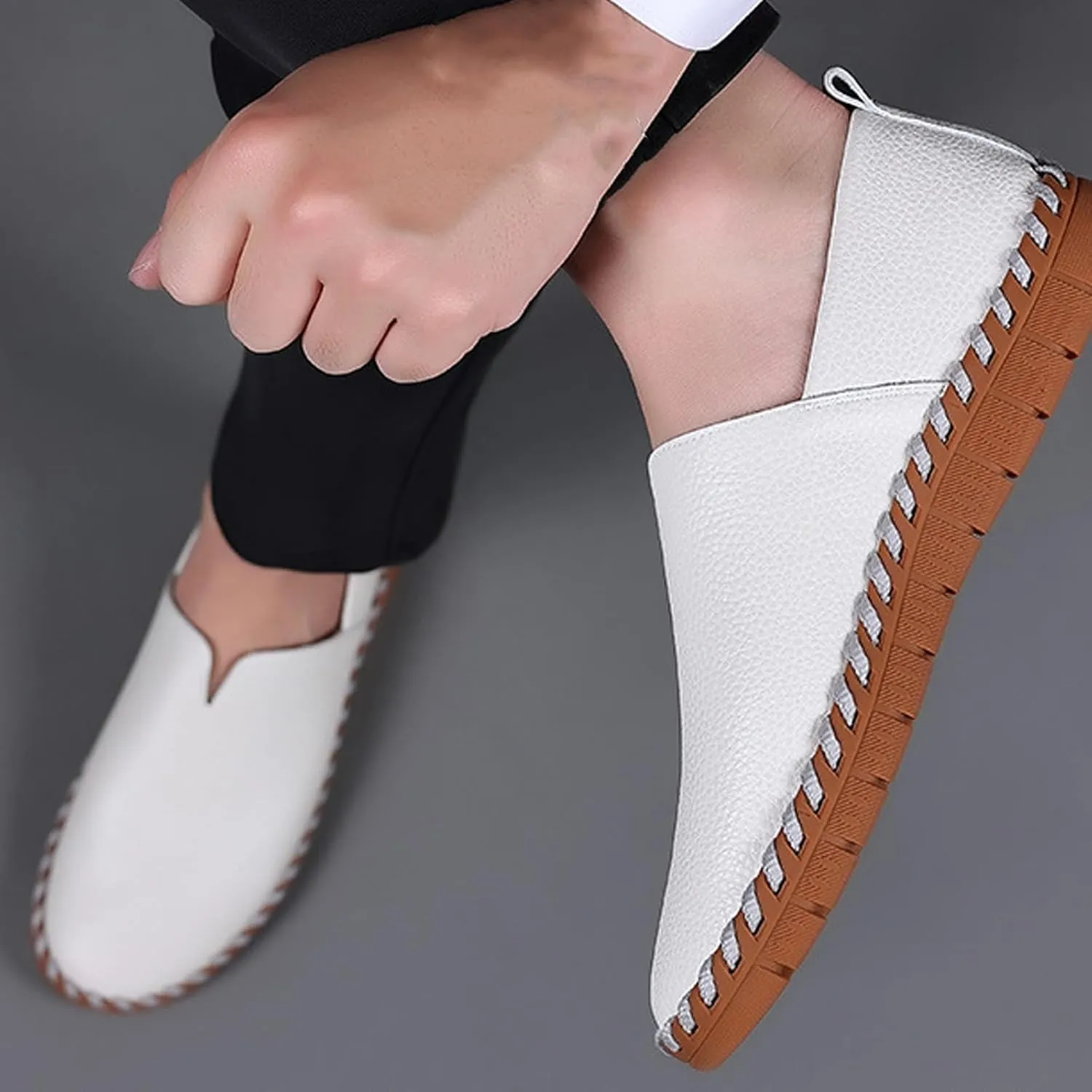 Men's Leather Hand Stitching Slip On Loafers,Fashion Casual Shoes Lightweight Soft Walking Driving Dress Shoe