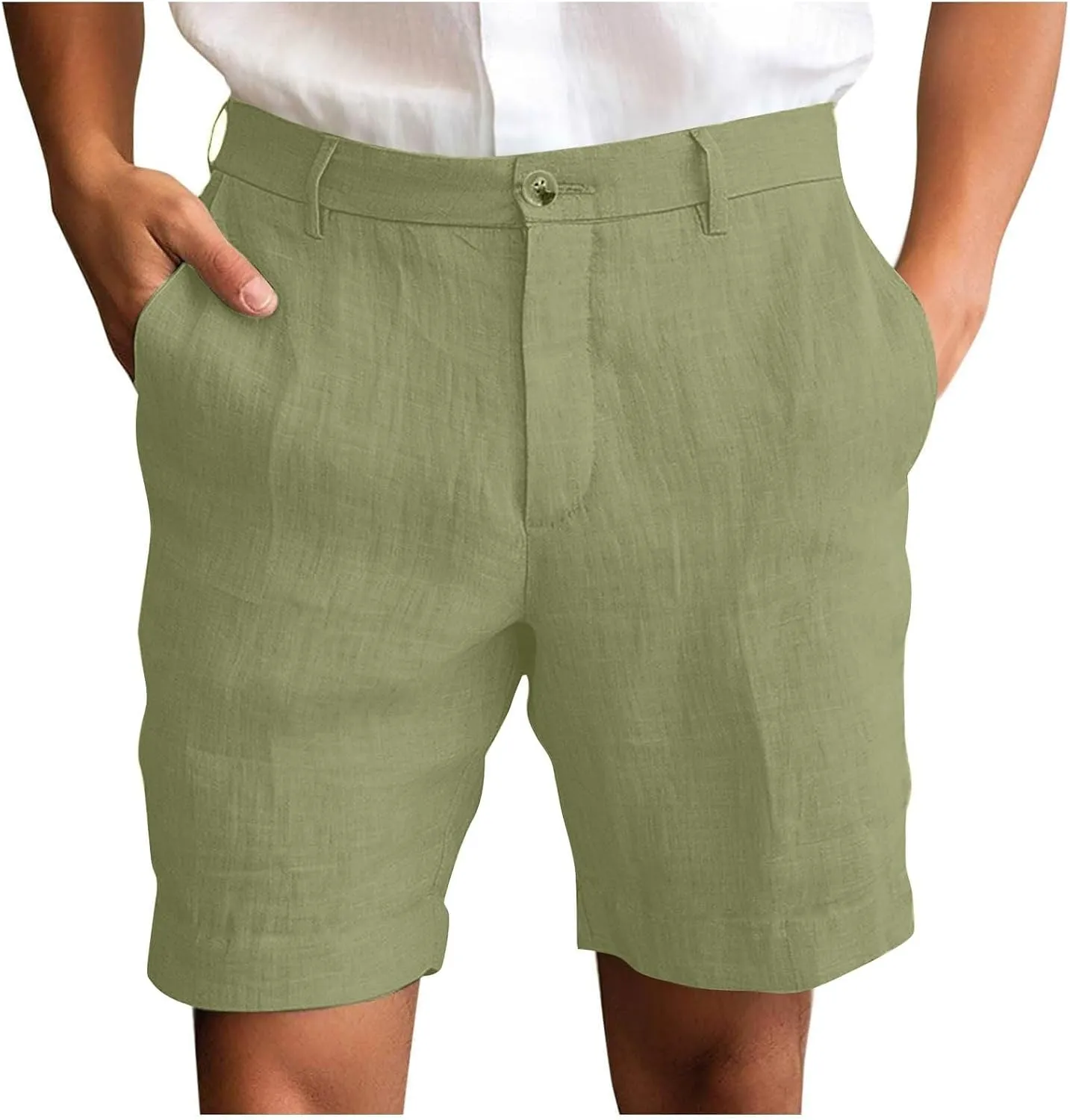 Mens Linen Cotton Shorts Casual Elastic Waist Drawstring Lightweight Summer Beach Shorts with Pockets
