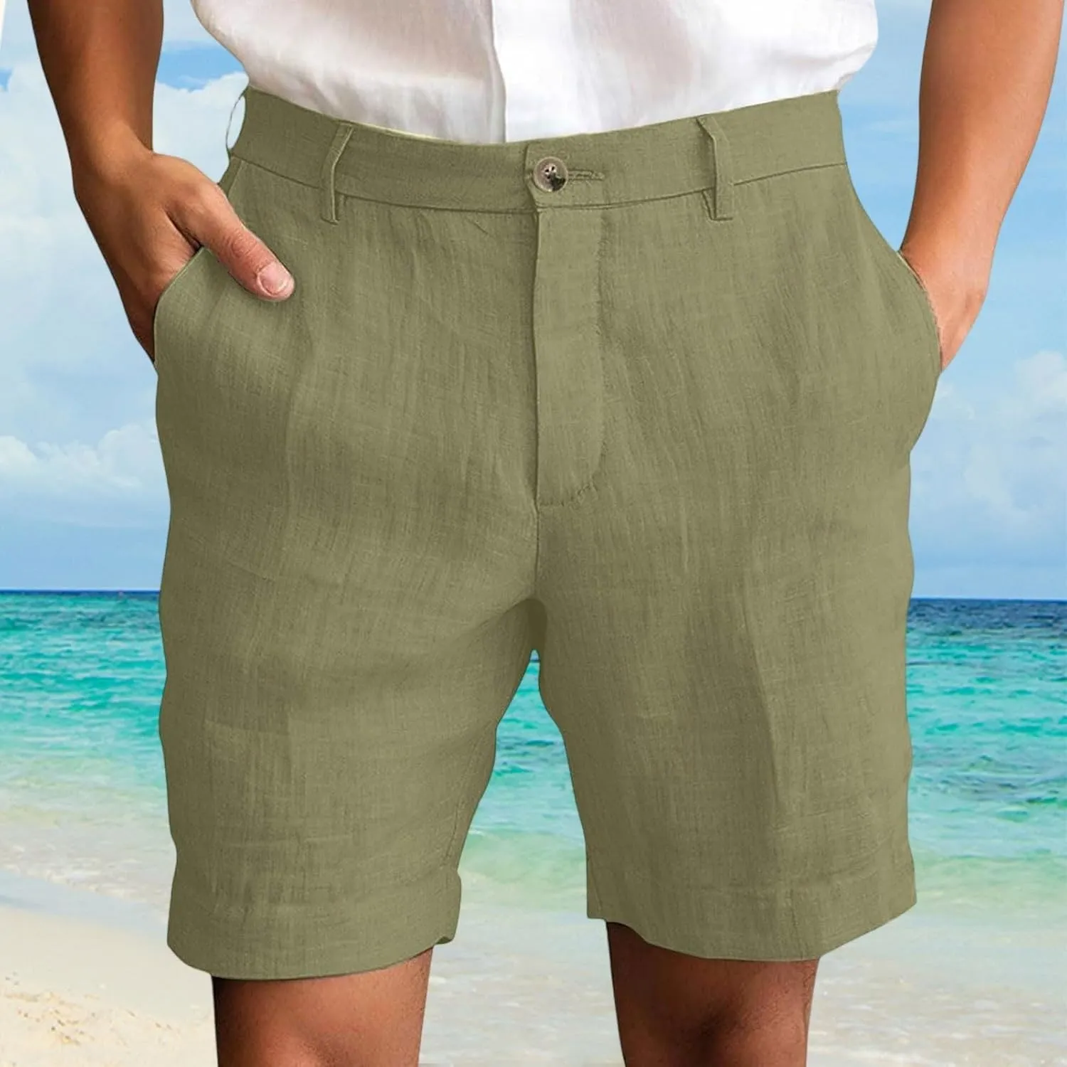 Mens Linen Cotton Shorts Casual Elastic Waist Drawstring Lightweight Summer Beach Shorts with Pockets