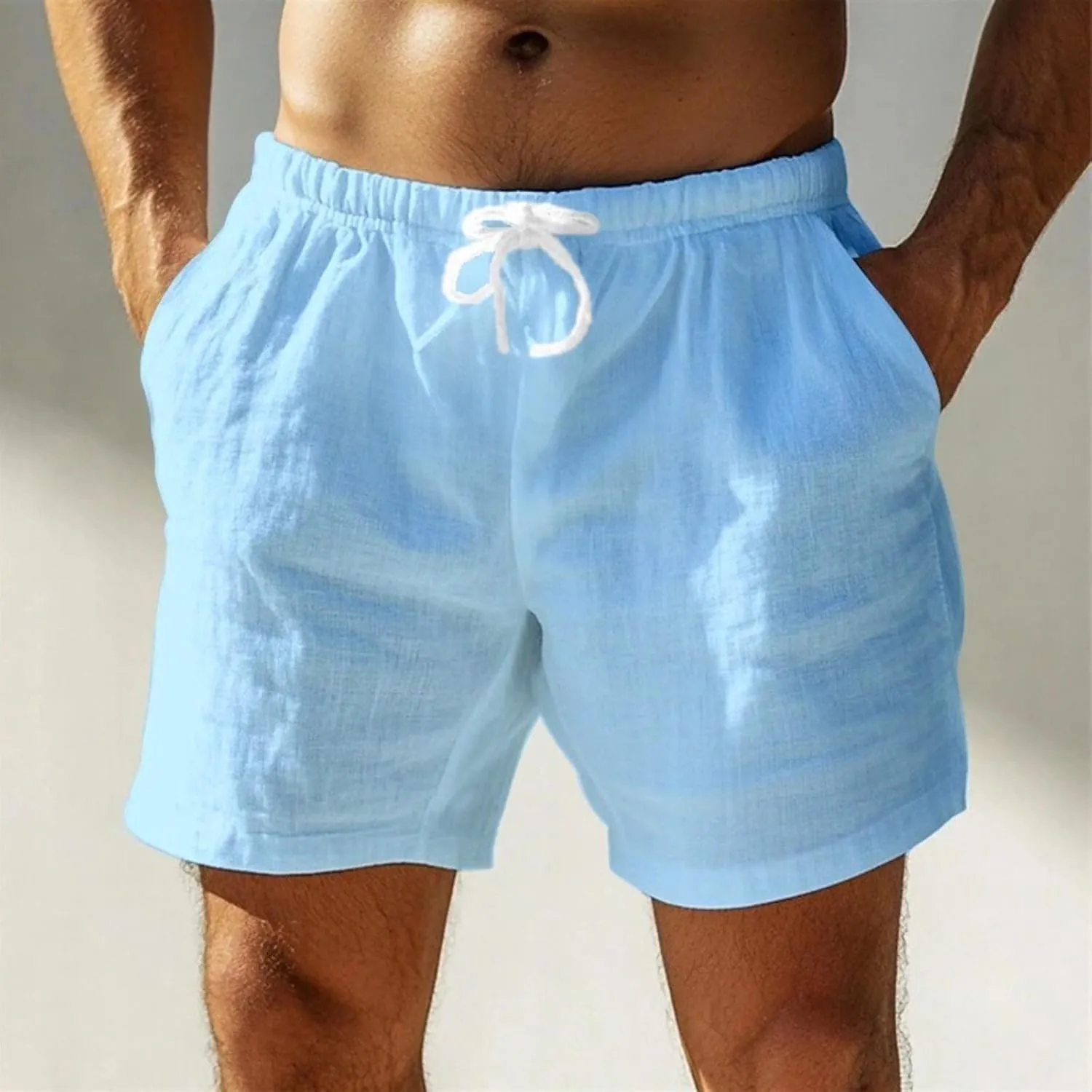 Men's Linen Cotton Shorts Casual Elastic Waist Drawstring Vacation Summer Beach Shorts with Pockets