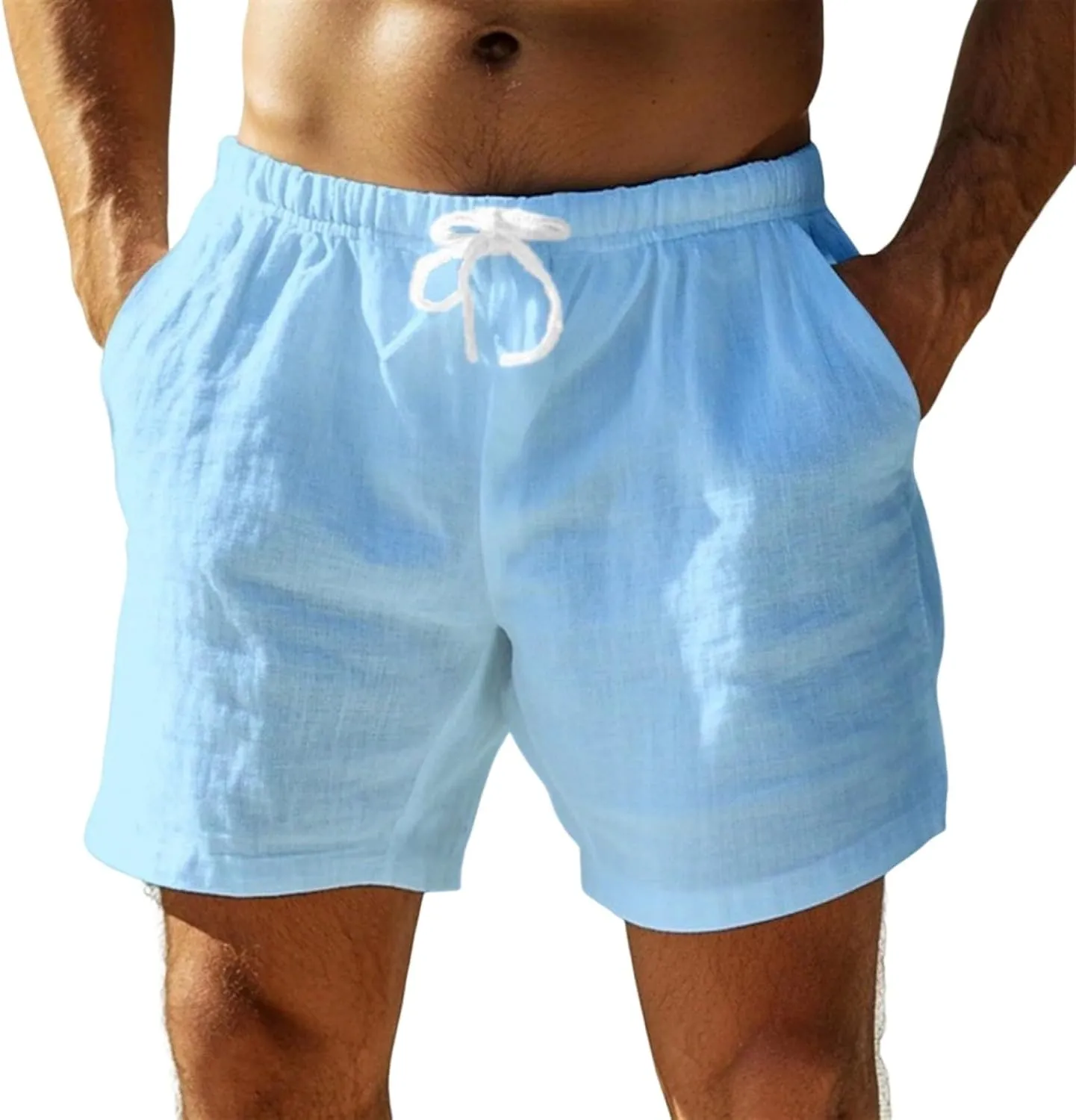 Men's Linen Cotton Shorts Casual Elastic Waist Drawstring Vacation Summer Beach Shorts with Pockets