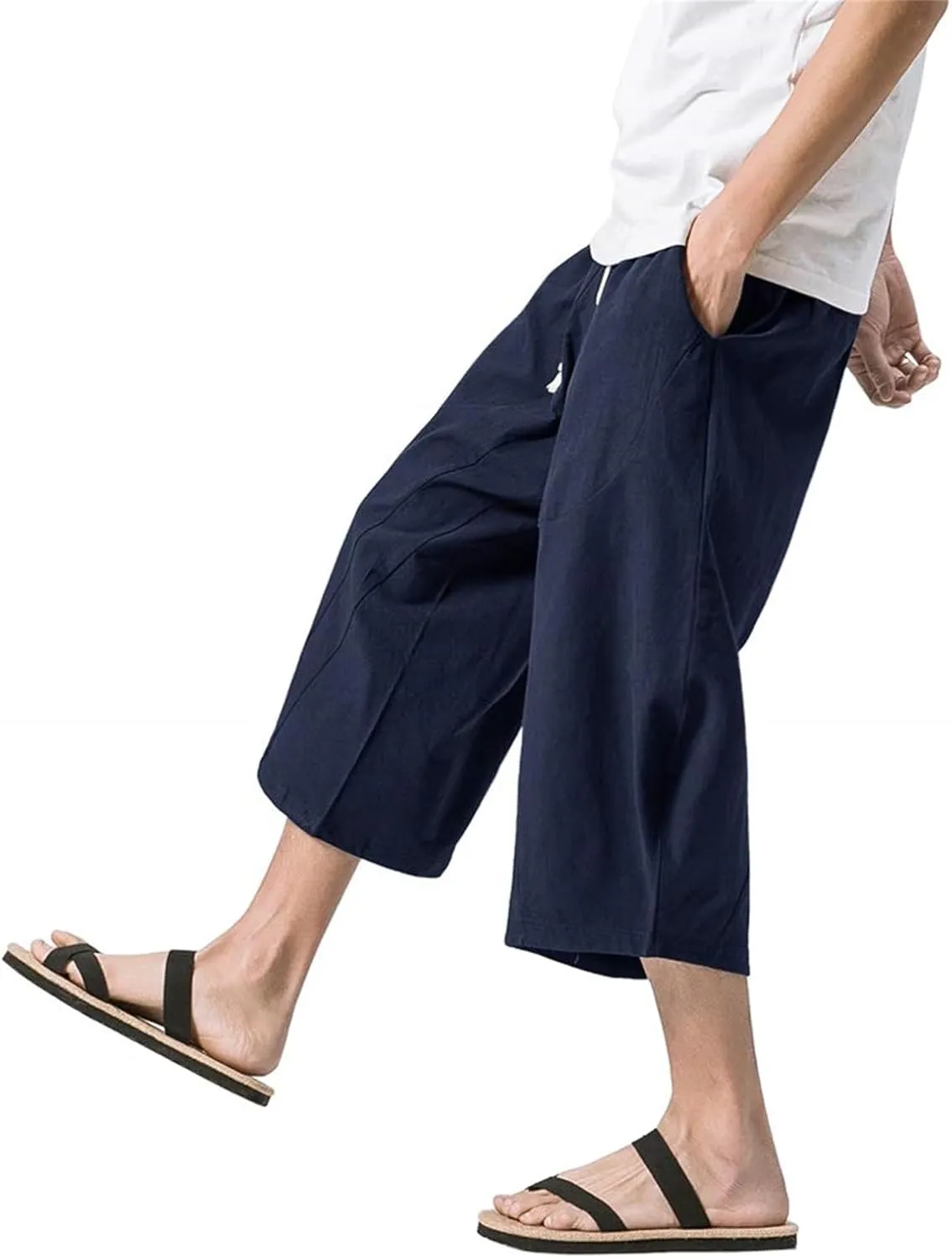 Mens Linen Harem Capri Pants Casual Elastic Waist Cotton 3/4 Shorts Drawstring Summer Beach Yoga Tapered Pants Trousers
