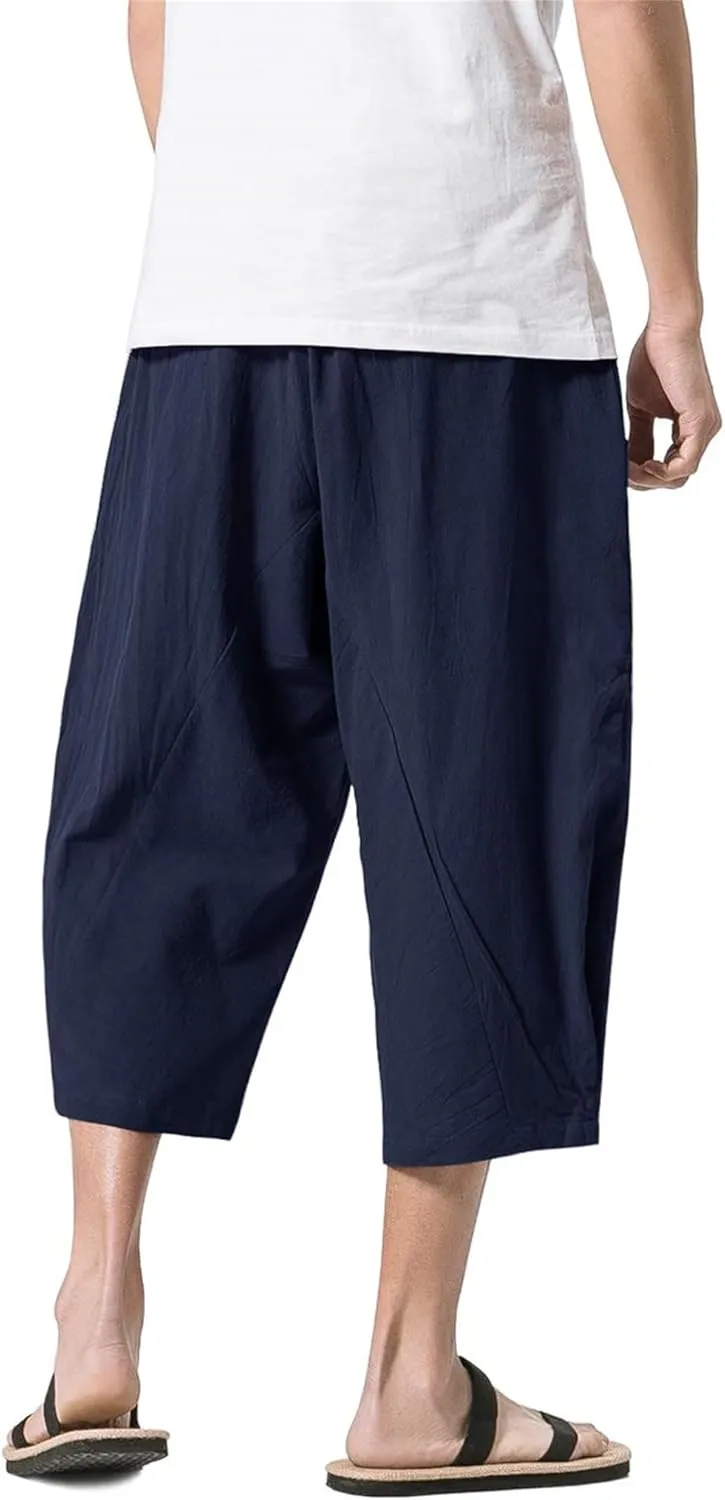 Mens Linen Harem Capri Pants Casual Elastic Waist Cotton 3/4 Shorts Drawstring Summer Beach Yoga Tapered Pants Trousers