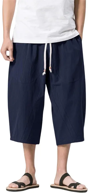 Mens Linen Harem Capri Pants Casual Elastic Waist Cotton 3/4 Shorts Drawstring Summer Beach Yoga Tapered Pants Trousers