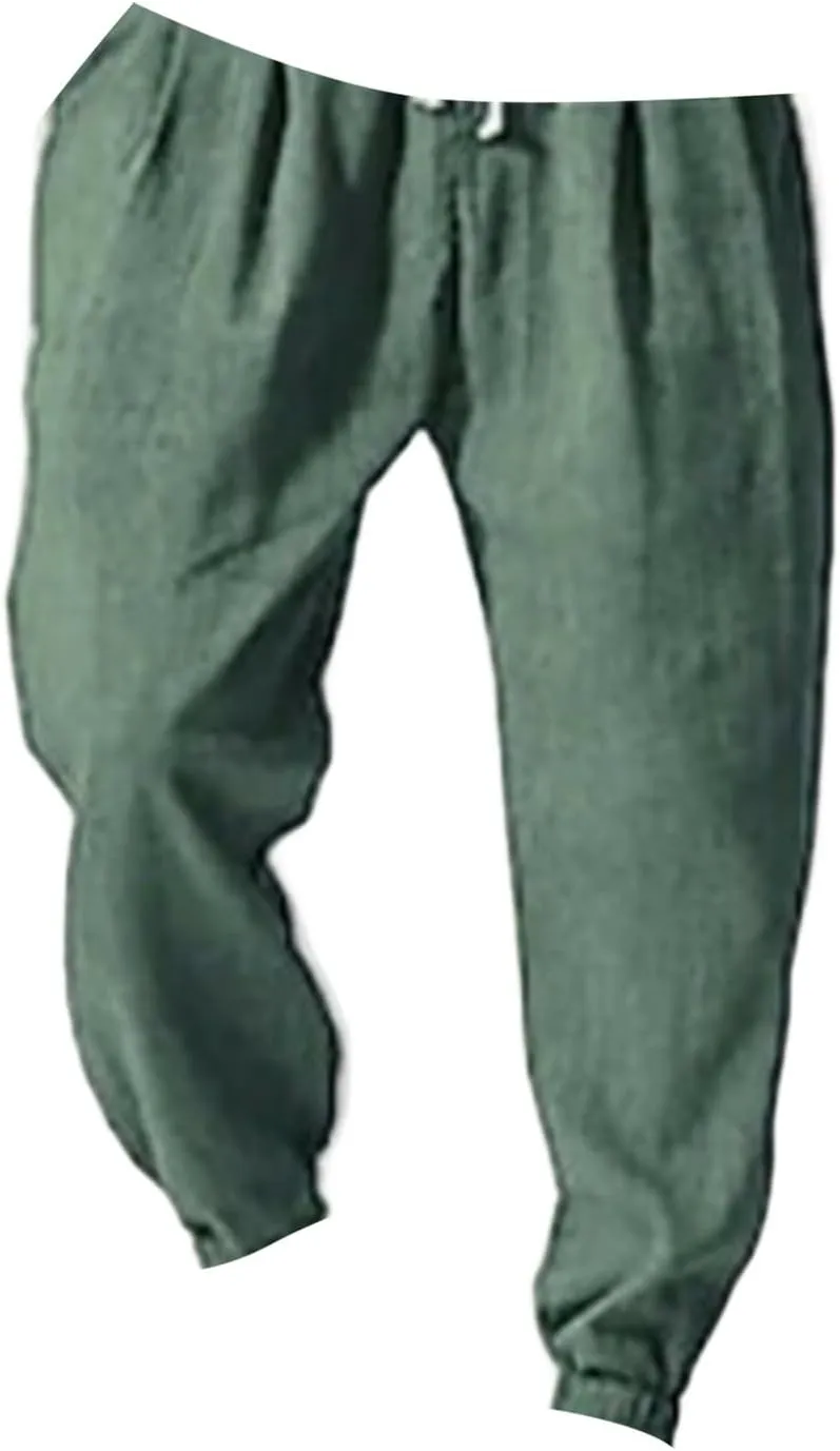 Men's Linen Pants Straight-Legs Wide Leg Lightweight Loose fit Elastic Waist Pant Fashion Summer Beach Baggy Trouser