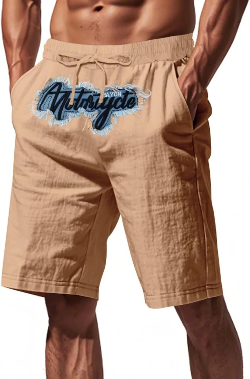 Mens Linen Shorts Flat Front Casual Elastic Waist Drawstring Summer Beach Shorts with Pocket